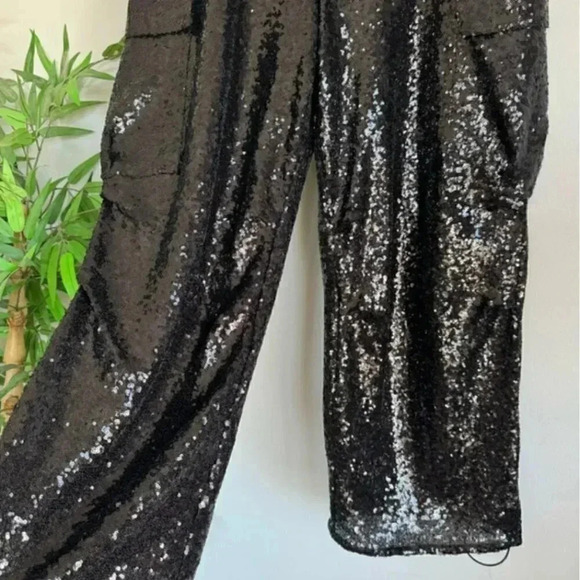 NWT Anthropologie Black Sequin Cargo Pull on Trouser Party Event Pants Size 16 - Picture 8 of 11
